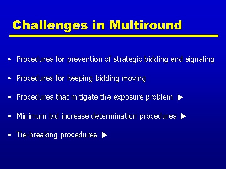 Challenges in Multiround • Procedures for prevention of strategic bidding and signaling • Procedures