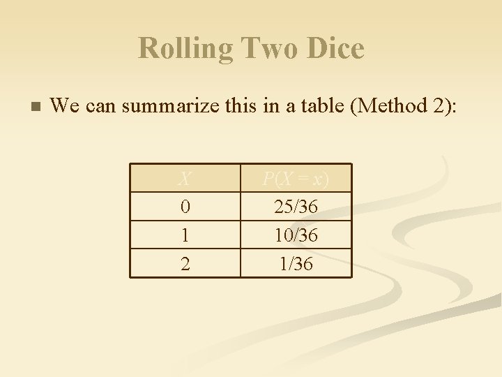 Rolling Two Dice n We can summarize this in a table (Method 2): X