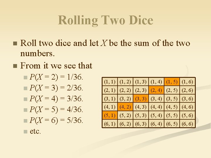 Rolling Two Dice Roll two dice and let X be the sum of the