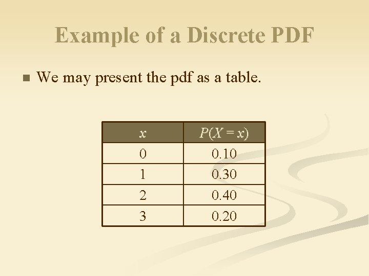 Example of a Discrete PDF n We may present the pdf as a table.