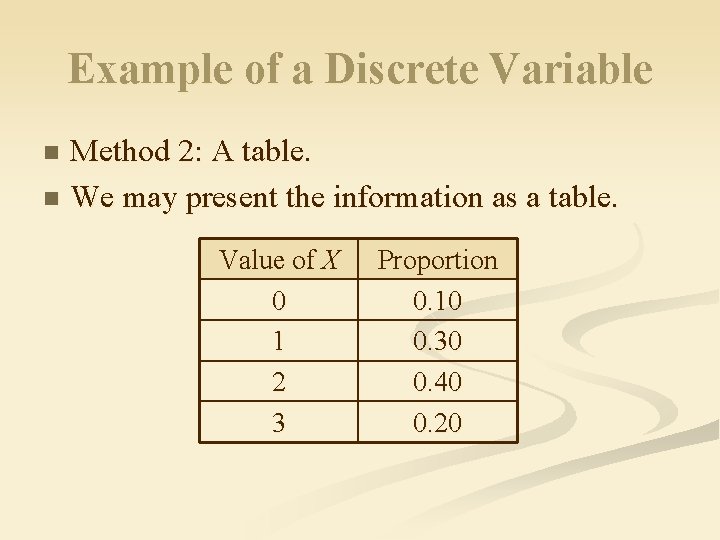 Example of a Discrete Variable Method 2: A table. n We may present the