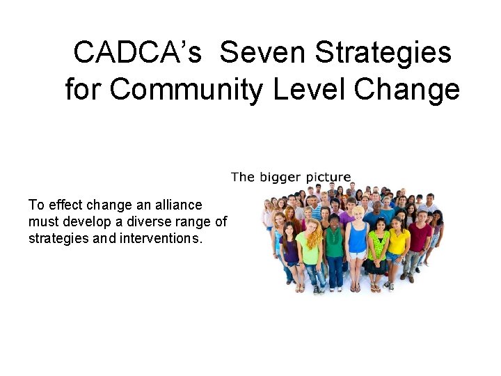 CADCA’s Seven Strategies for Community Level Change To effect change an alliance must develop
