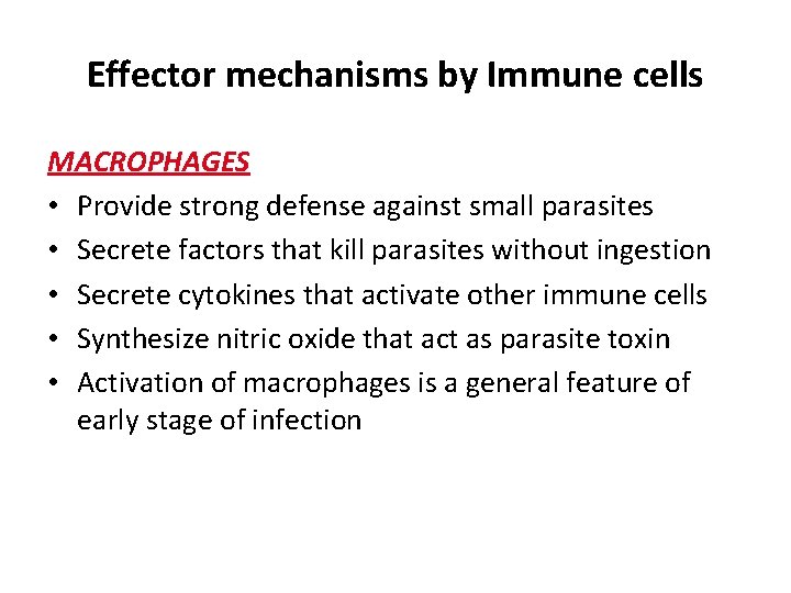 Effector mechanisms by Immune cells MACROPHAGES • Provide strong defense against small parasites •