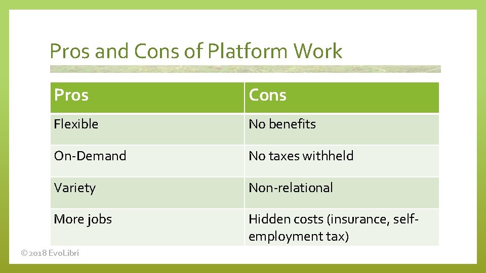 Pros and Cons of Platform Work Pros Cons Flexible No benefits On-Demand No taxes