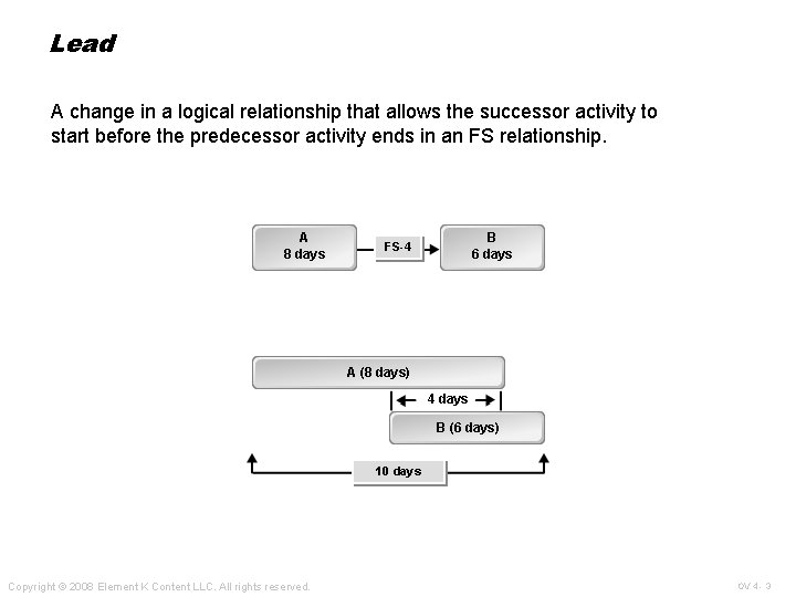 Lead A change in a logical relationship that allows the successor activity to start Lead A change in a logical relationship that allows the successor activity to start