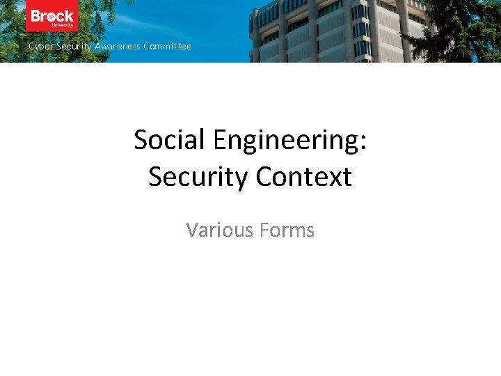 Cyber Security Awareness Committee Insert title here Social Engineering: Security Context Various Forms 