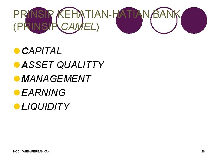 PRINSIP KEHATIAN-HATIAN BANK (PRINSIP CAMEL) l CAPITAL l ASSET QUALITTY l MANAGEMENT l EARNING