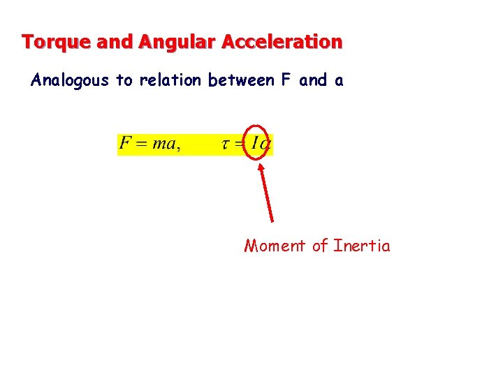 Torque and Angular Acceleration Analogous to relation between F and a Moment of Inertia