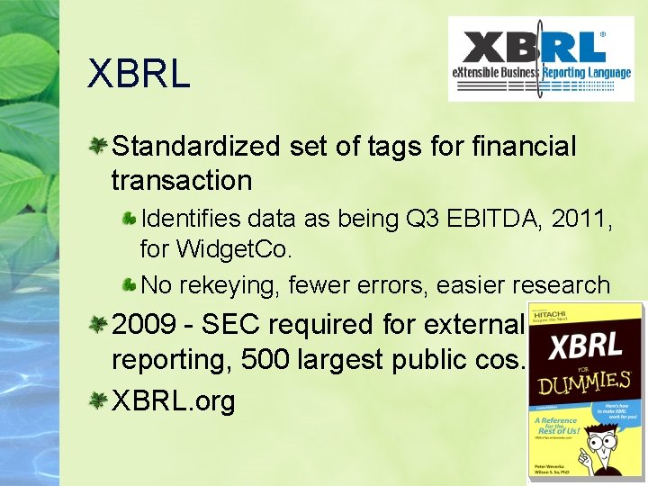 XBRL Standardized set of tags for financial transaction Identifies data as being Q 3