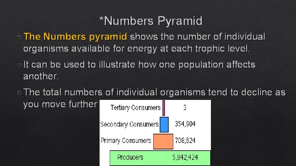 *Numbers Pyramid The Numbers pyramid shows the number of individual organisms available for energy