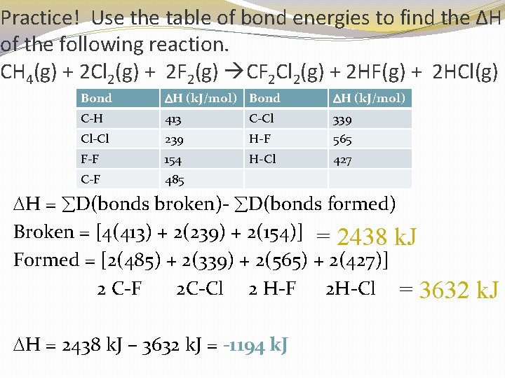 Practice! Use the table of bond energies to find the ΔH of the following