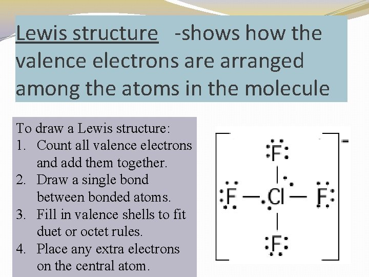 Lewis structure -shows how the valence electrons are arranged among the atoms in the