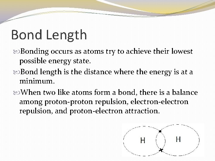Bond Length Bonding occurs as atoms try to achieve their lowest possible energy state.
