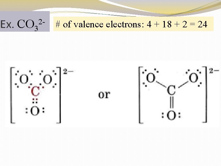 Ex. CO 32 - # of valence electrons: 4 + 18 + 2 =