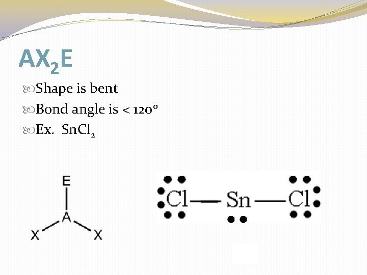 AX 2 E Shape is bent Bond angle is < 120 o Ex. Sn.