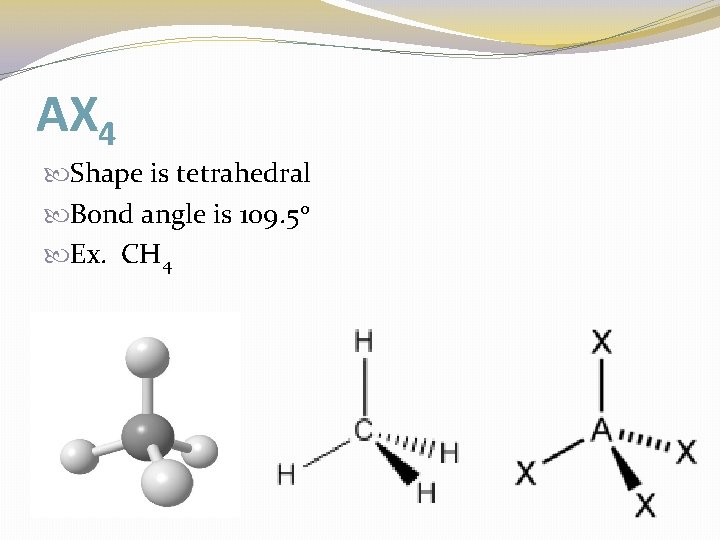 AX 4 Shape is tetrahedral Bond angle is 109. 5 o Ex. CH 4