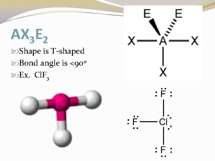 AX 3 E 2 Shape is T-shaped Bond angle is <90 o Ex. Cl.