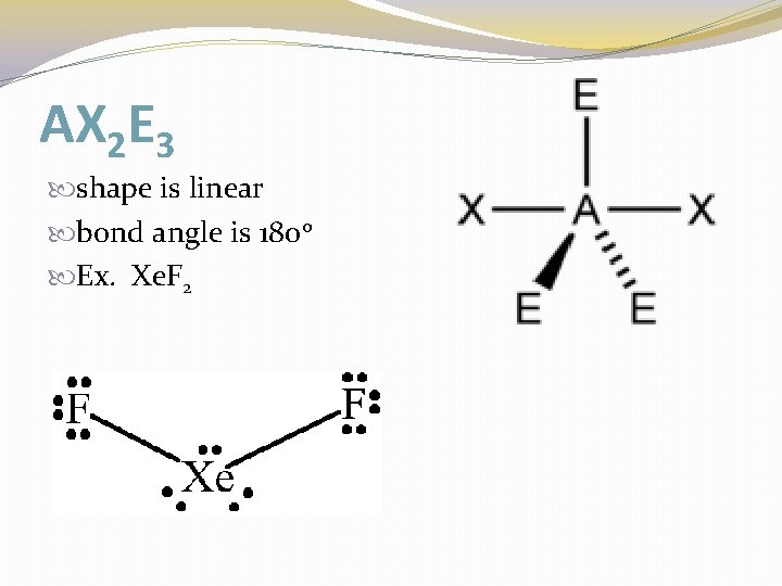 AX 2 E 3 shape is linear bond angle is 180 o Ex. Xe.