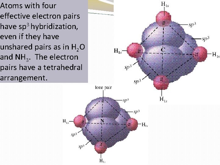 Atoms with four effective electron pairs have sp 3 hybridization, even if they have