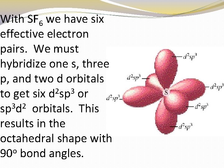 With SF 6 we have six effective electron pairs. We must hybridize one s,