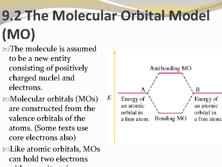 9. 2 The Molecular Orbital Model (MO) The molecule is assumed to be a