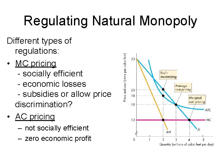 Regulating Natural Monopoly Different types of regulations: • MC pricing - socially efficient -
