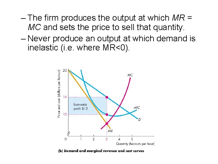 – The firm produces the output at which MR = MC and sets the