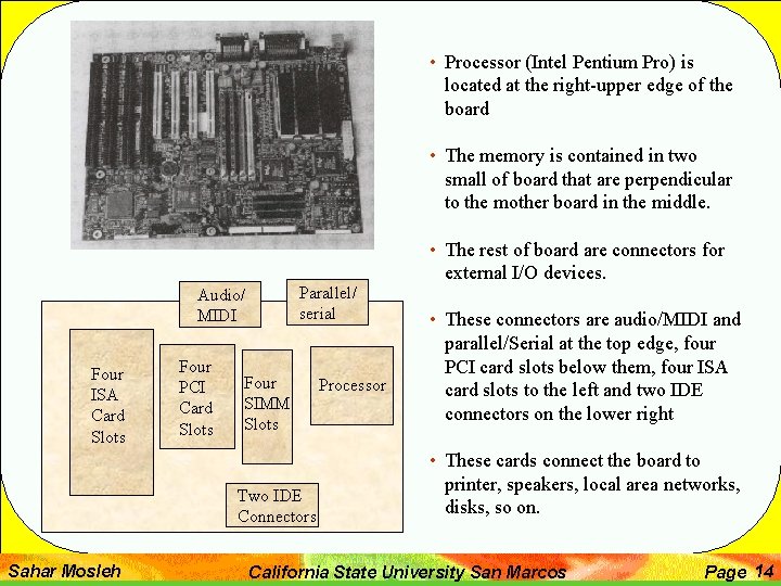 • Processor (Intel Pentium Pro) is located at the right-upper edge of the • Processor (Intel Pentium Pro) is located at the right-upper edge of the