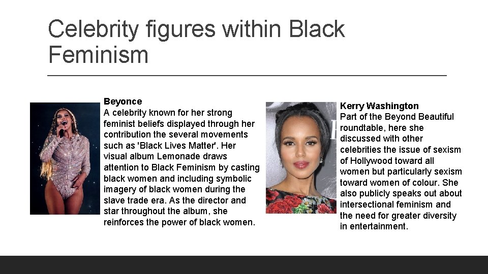 Celebrity figures within Black Feminism Beyonce A celebrity known for her strong feminist beliefs