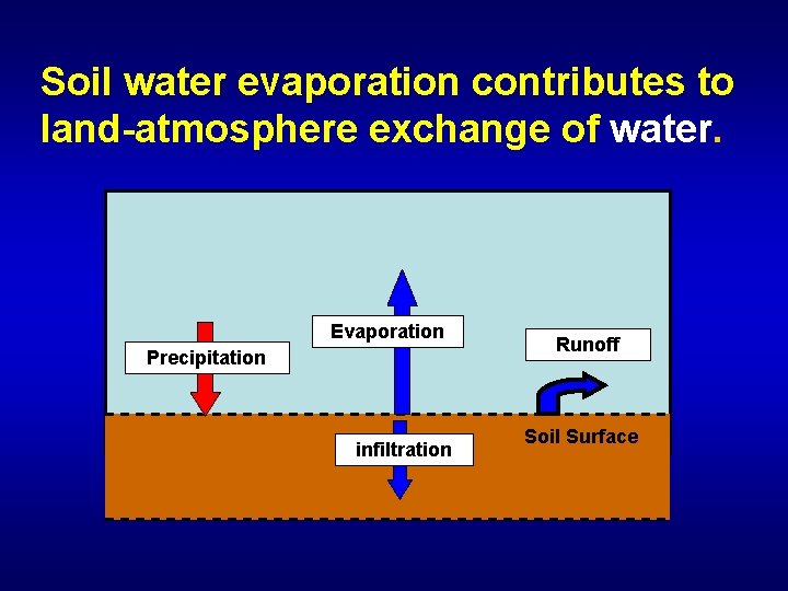 Soil water evaporation contributes to land-atmosphere exchange of water. Evaporation Precipitation infiltration Runoff Soil
