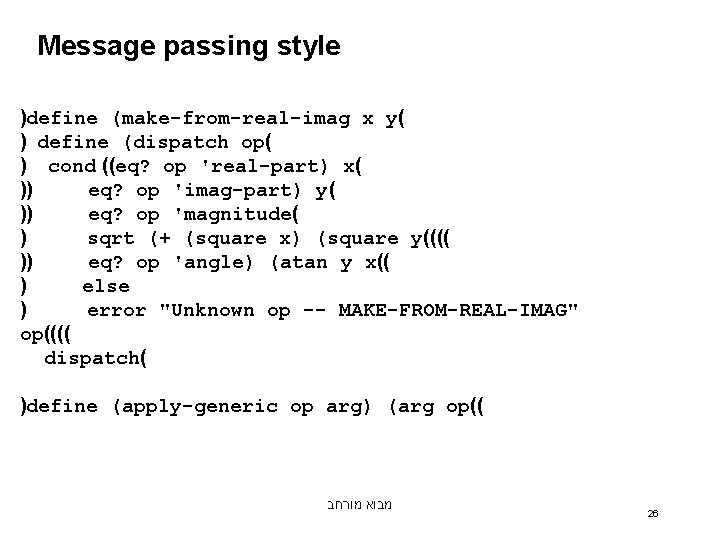 Message passing style )define (make-from-real-imag x y( ) define (dispatch op( ) cond ((eq?