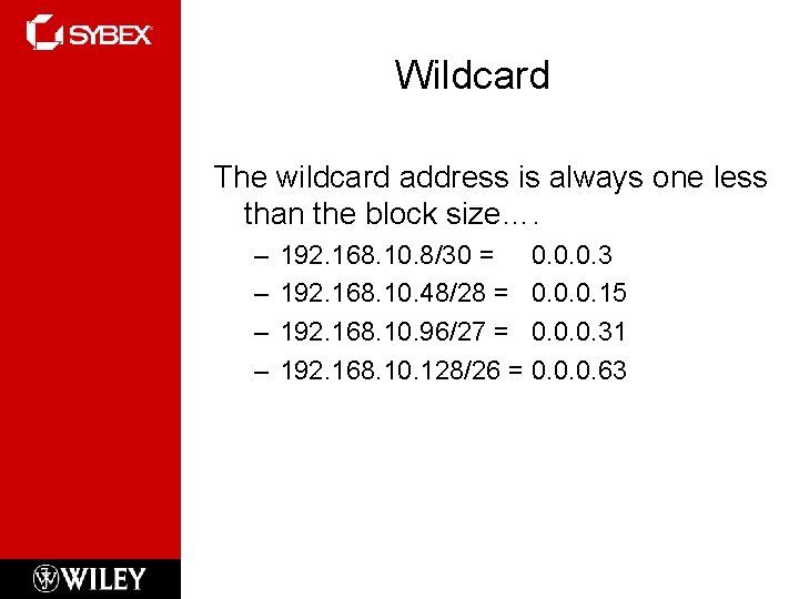 Wildcard The wildcard address is always one less than the block size…. – –