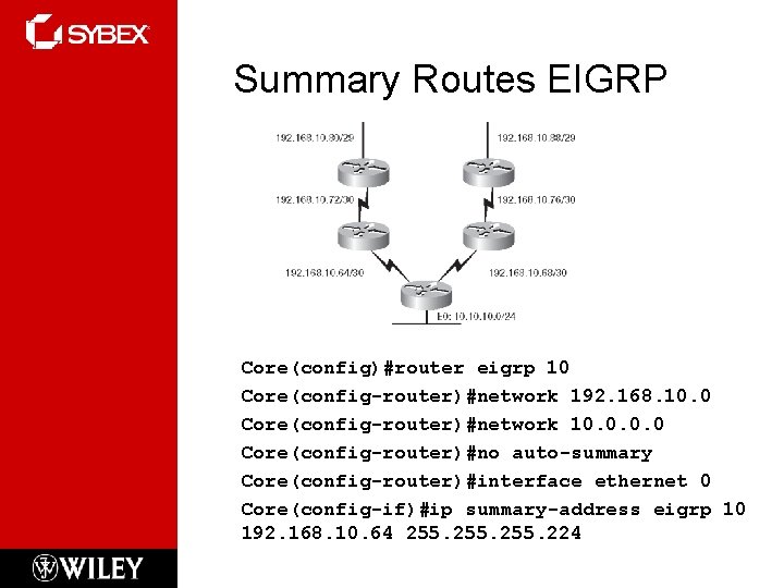Summary Routes EIGRP Core(config)#router eigrp 10 Core(config-router)#network 192. 168. 10. 0 Core(config-router)#network 10. 0