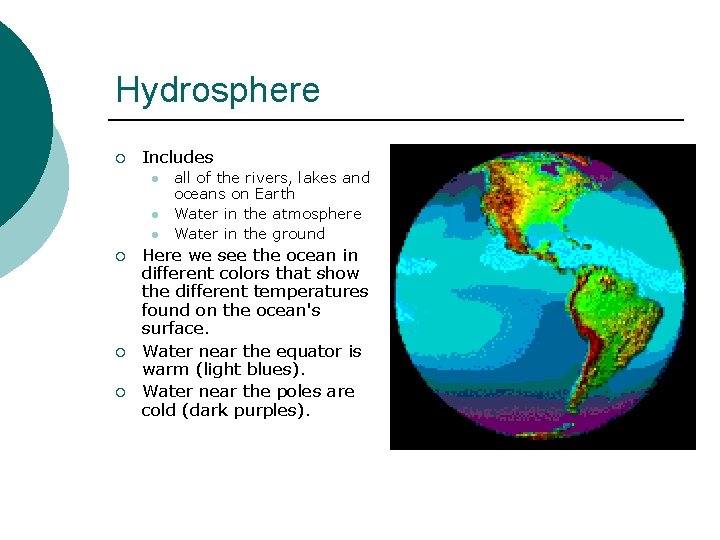 Hydrosphere ¡ Includes l l l ¡ ¡ ¡ all of the rivers, lakes