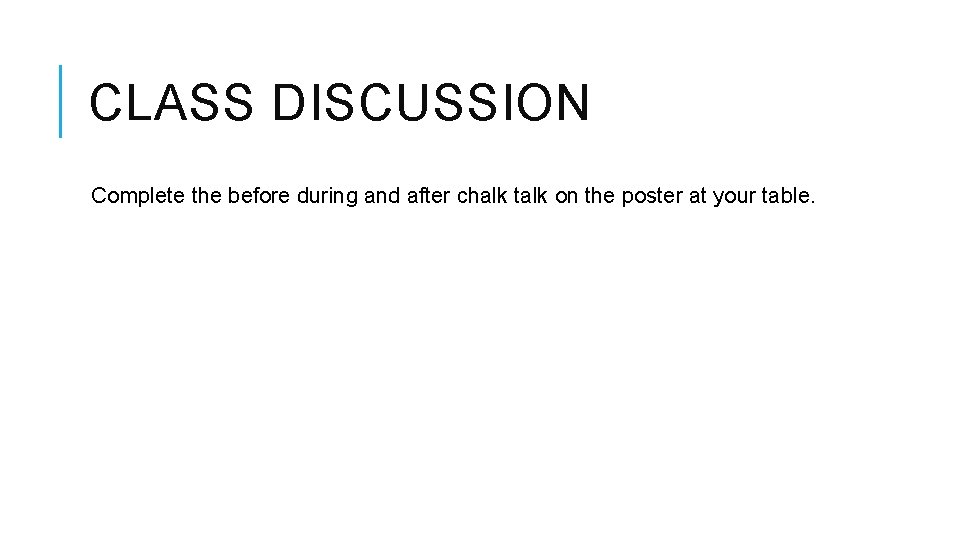 CLASS DISCUSSION Complete the before during and after chalk talk on the poster at