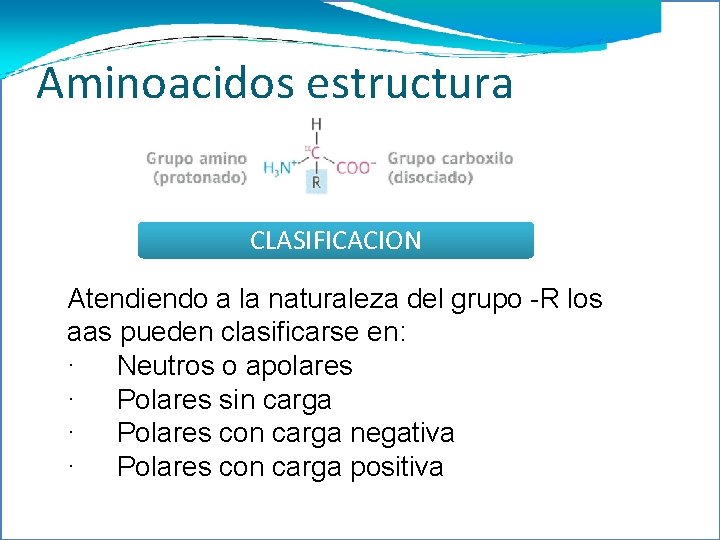 Carbono Aminoacidos estructura CLASIFICACION Atendiendo a la naturaleza del grupo -R los aas pueden