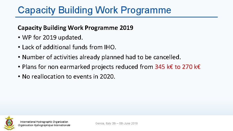 Capacity Building Work Programme 2019 • WP for 2019 updated. • Lack of additional