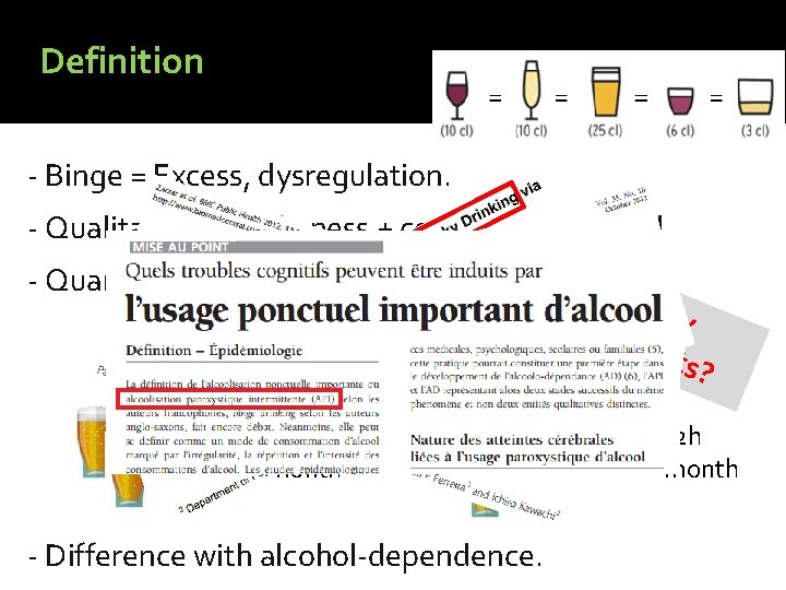 Definition - Binge = Excess, dysregulation. - Qualitative: Drunkeness + consumption speed. - Quantitative: