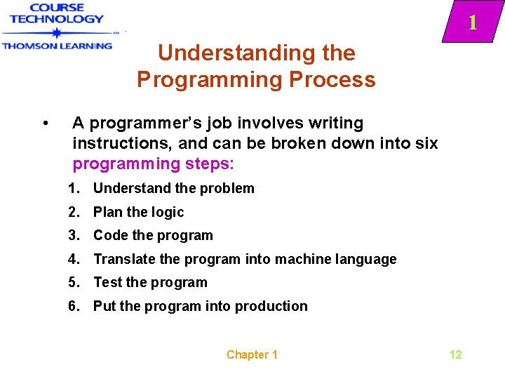 1 Understanding the Programming Process • A programmer’s job involves writing instructions, and can