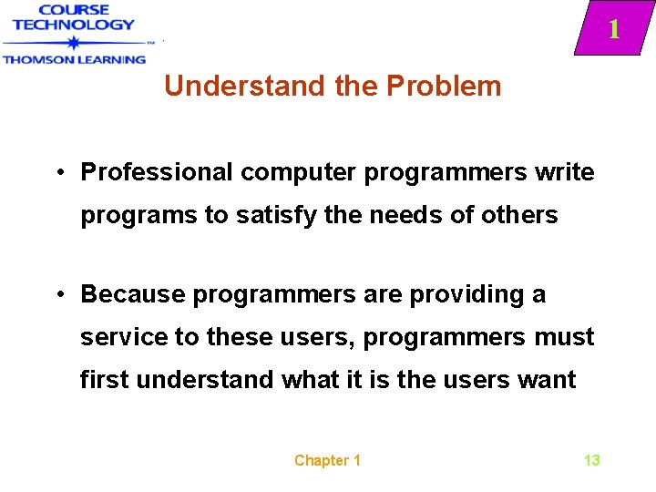1 Understand the Problem • Professional computer programmers write programs to satisfy the needs