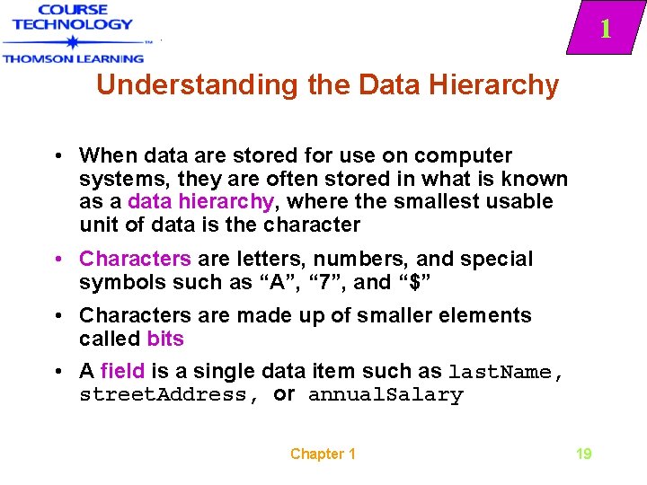 1 Understanding the Data Hierarchy • When data are stored for use on computer