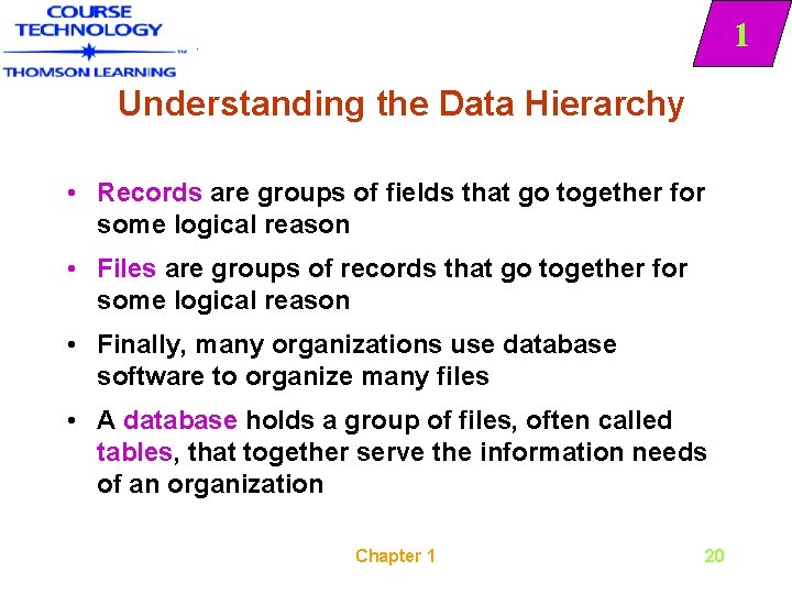1 Understanding the Data Hierarchy • Records are groups of fields that go together