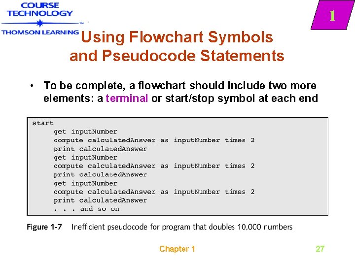1 Using Flowchart Symbols and Pseudocode Statements • To be complete, a flowchart should