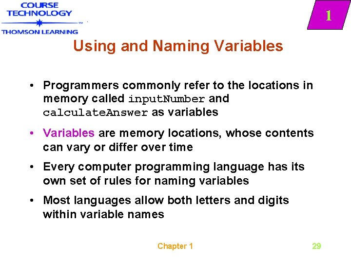 1 Using and Naming Variables • Programmers commonly refer to the locations in memory