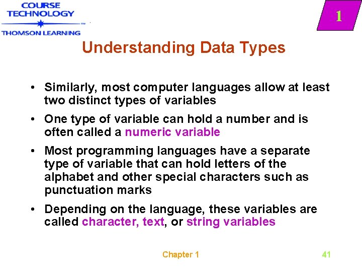 1 Understanding Data Types • Similarly, most computer languages allow at least two distinct