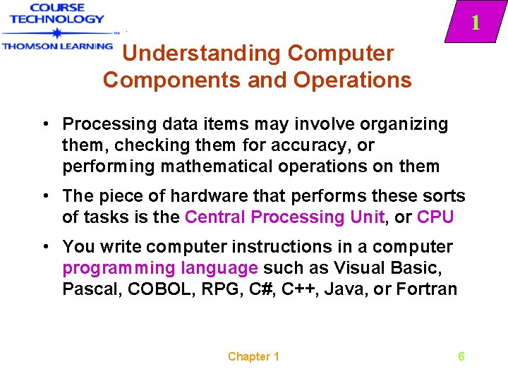 1 Understanding Computer Components and Operations • Processing data items may involve organizing them,