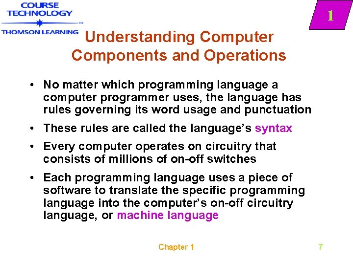 1 Understanding Computer Components and Operations • No matter which programming language a computer