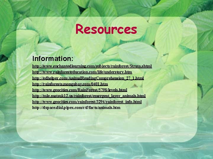 Resources Information: http: //www. enchantedlearning. com/subjects/rainforest/Strata. shtml http: //www. rainforesteducation. com/life/understory. htm http: //edhelper.