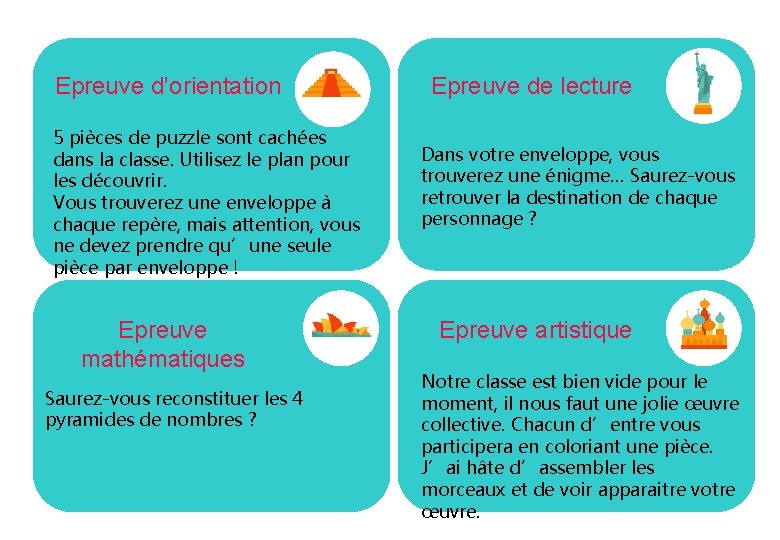 Epreuve d’orientation 5 pièces de puzzle sont cachées dans la classe. Utilisez le plan