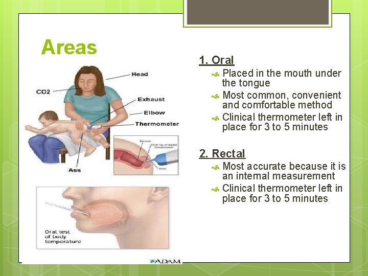 Areas 1. Oral Placed in the mouth under the tongue Most common, convenient and Areas 1. Oral Placed in the mouth under the tongue Most common, convenient and